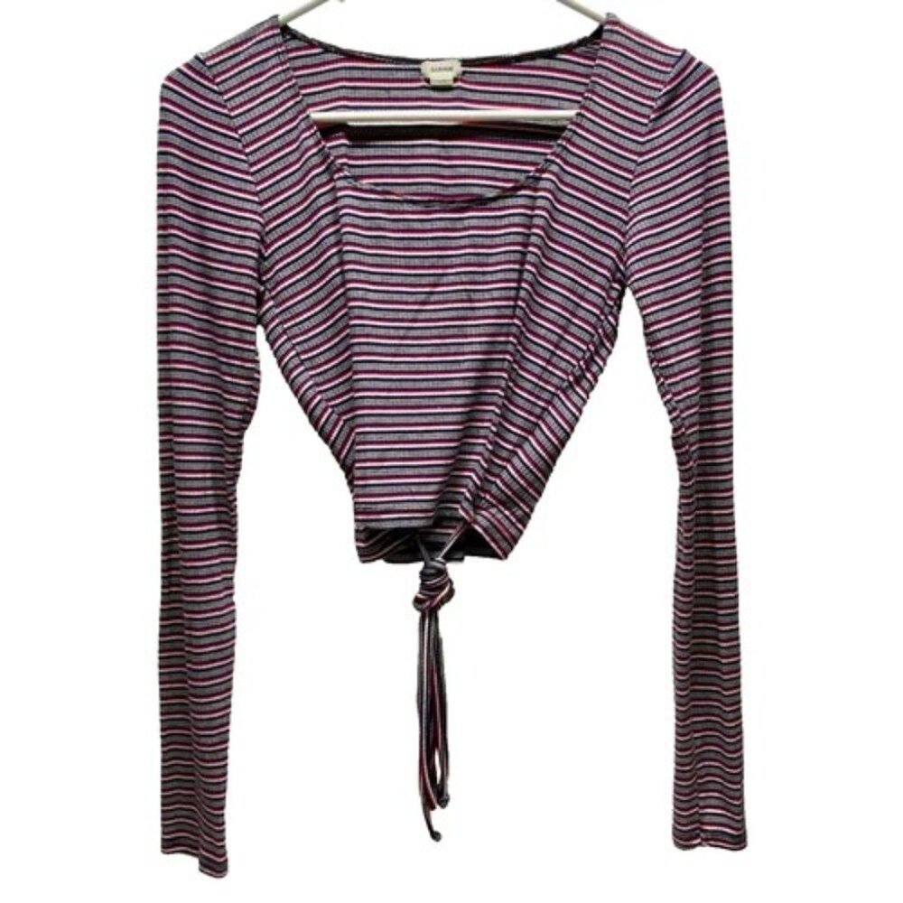 Garage Cropped Long Sleeve Top Women's Small Red White Blue Stripe Tie Front GUC